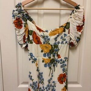Reformation White Floral Maxi Dress with Puff Sleeves